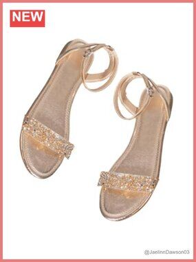 Shimmering Sequin Rhinestone Sparkly Flat Sandals Ankle Strap Open Toe